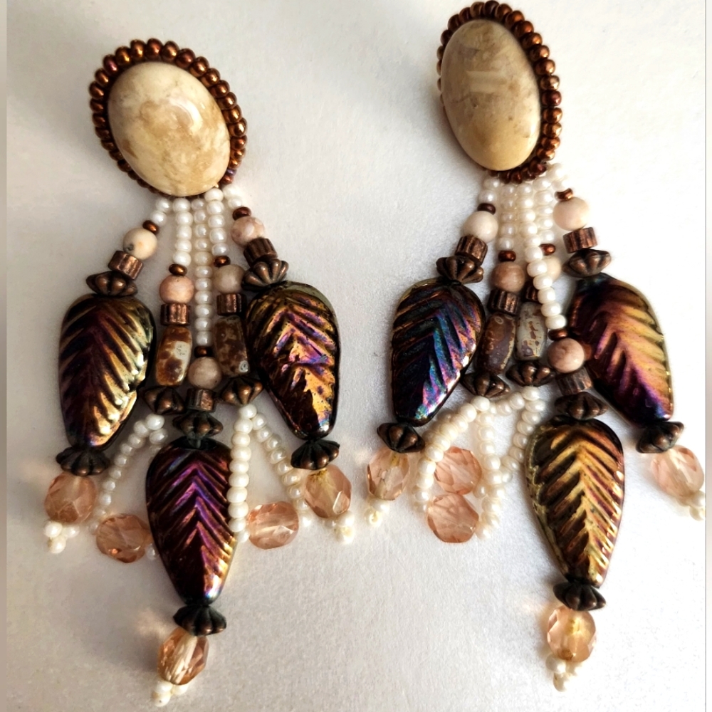 Chipita by Joan Eagle, Pearls, Morgonites, Peacock Patina Mixed Metals Earrings